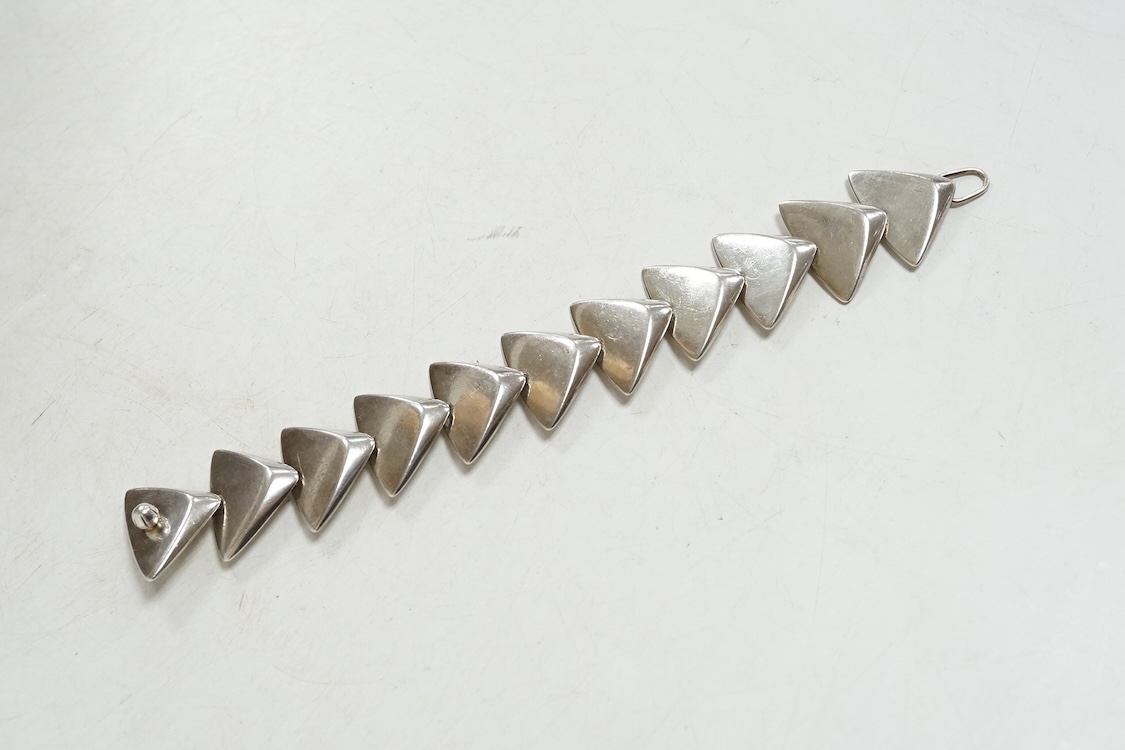 An early 1970's stylish Danish Hans Hansen silver articulated bracelet, import marks for Danish Silver Designs Ltd, London, 1971, 18cm.